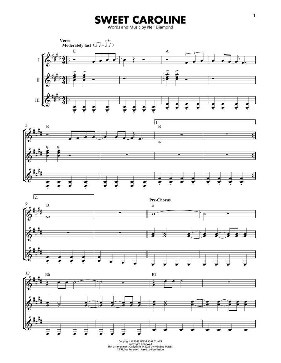 Sweet Caroline Guitar Ensemble scores gallery preview page 1