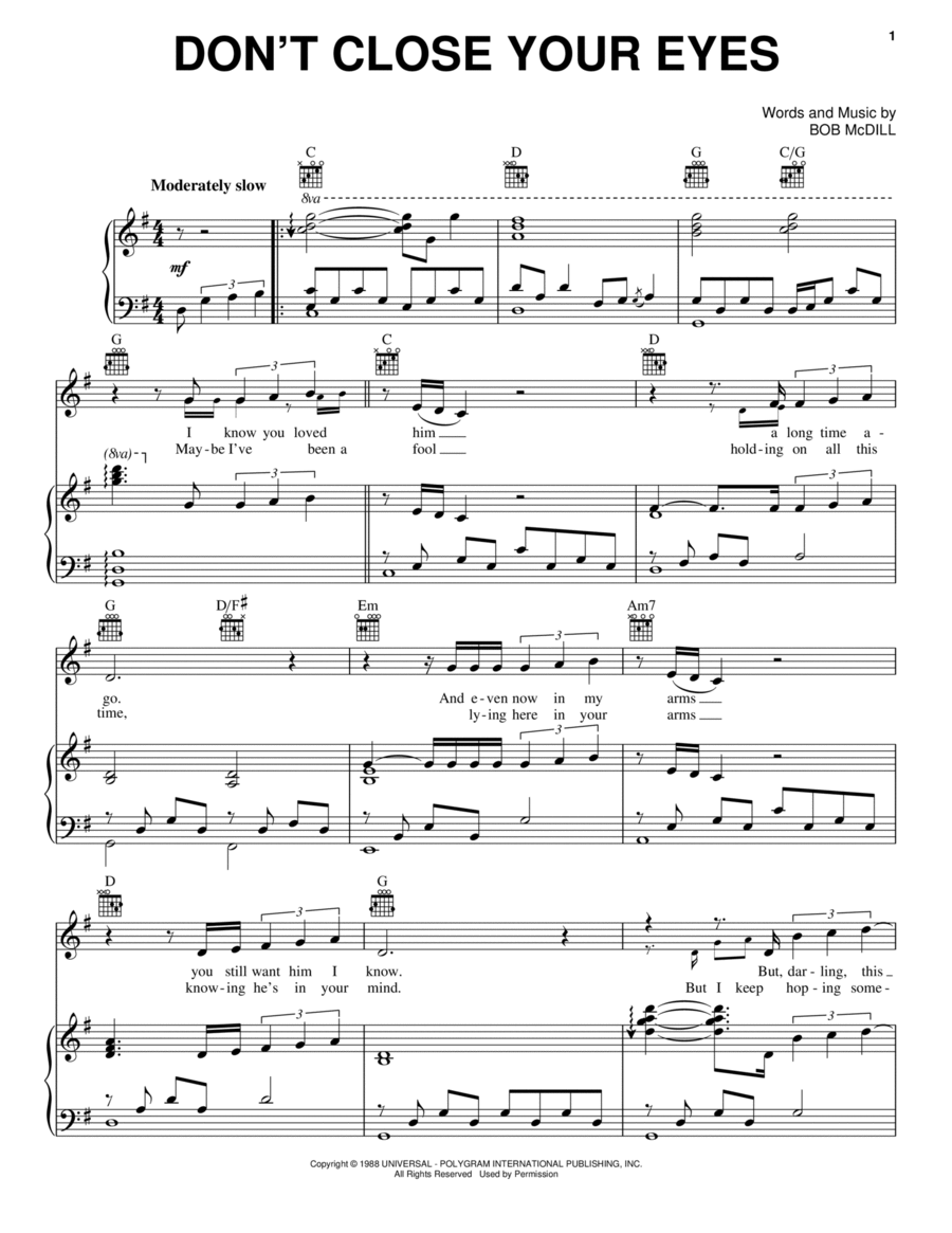 Don't Close Your Eyes Piano, Vocal, Guitar scores gallery preview page 1