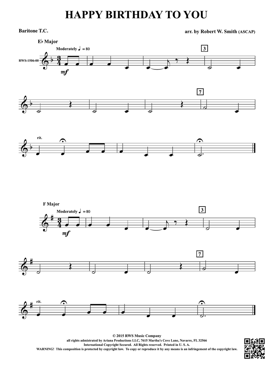 Happy Birthday to You: Baritone T.C. Baritone Horn TC scores gallery preview page 1