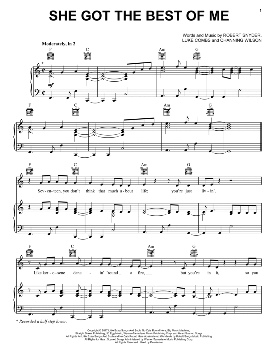 She Got The Best Of Me Piano, Vocal, Guitar scores gallery preview page 1
