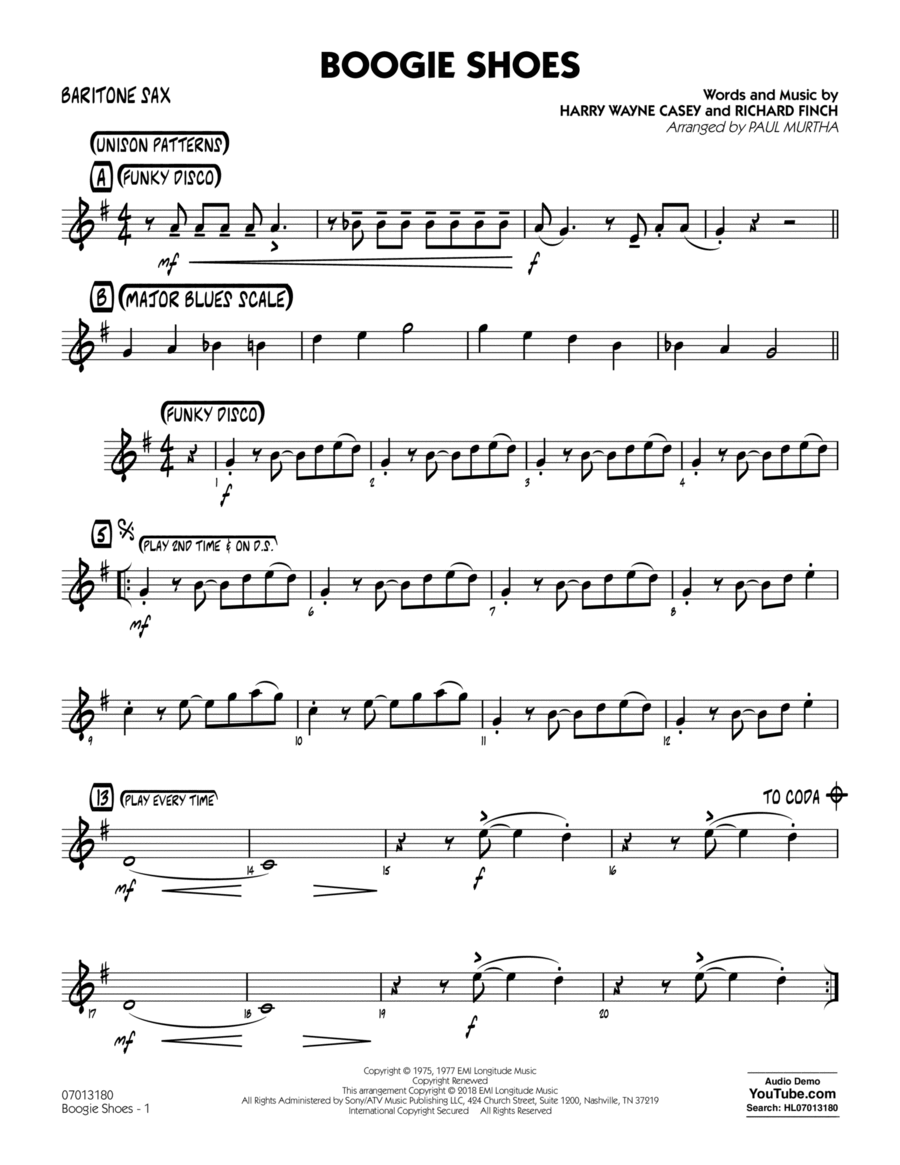Boogie Shoes - Baritone Sax Baritone Saxophone scores gallery preview page 1
