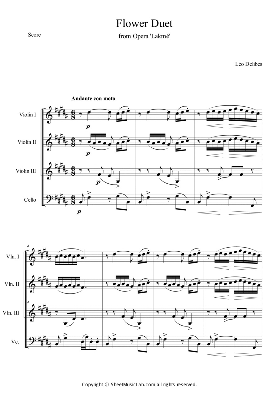 Flower Duet (from Opera Lakme) String Quartet scores gallery preview page 1