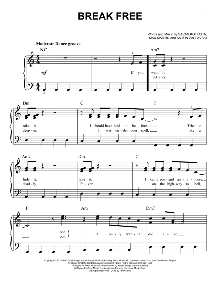Break Free (feat. Zedd) Easy Piano scores gallery preview page 1