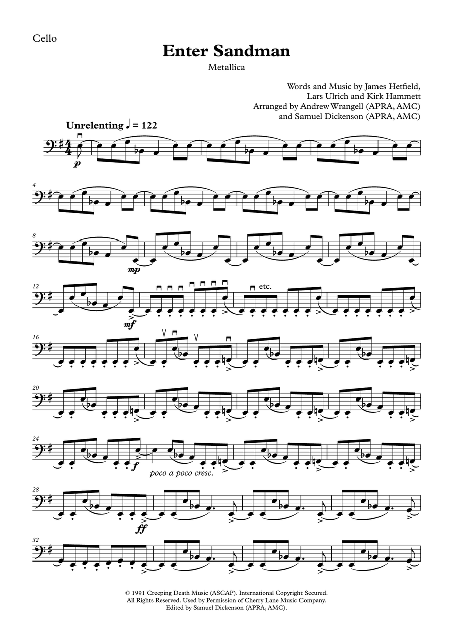Enter Sandman Cello Solo scores gallery preview page 1