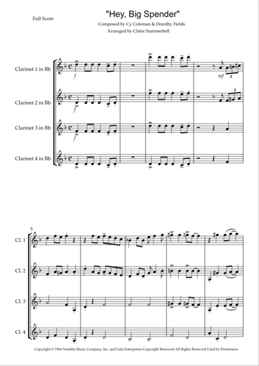 Big Spender Woodwind Quartet scores gallery preview page 1