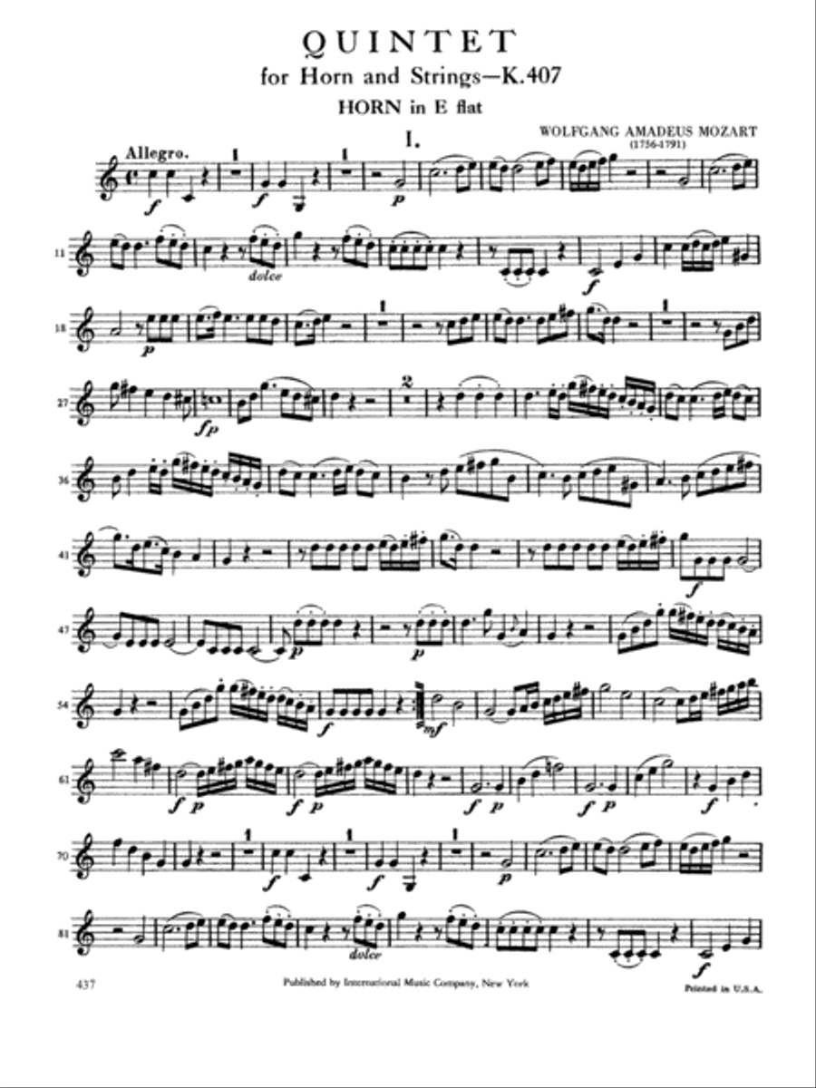 Quintet In E Flat Major, K. 407 (K6. 386C) For Horn (Or Cello) & String Quartet Quintet In E Flat Major, K. 407 (K6. 386C) For Horn (Or Cello) & String Quartet String Quartet scores gallery preview page 2