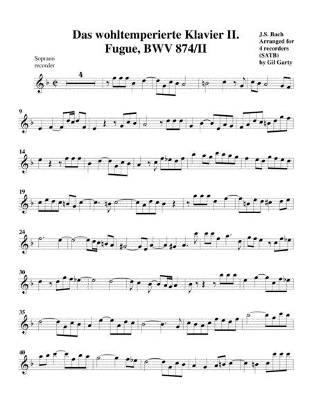 Fugue from Das wohltemperierte Klavier II, BWV 874/II (arrangement for 4 recorders)