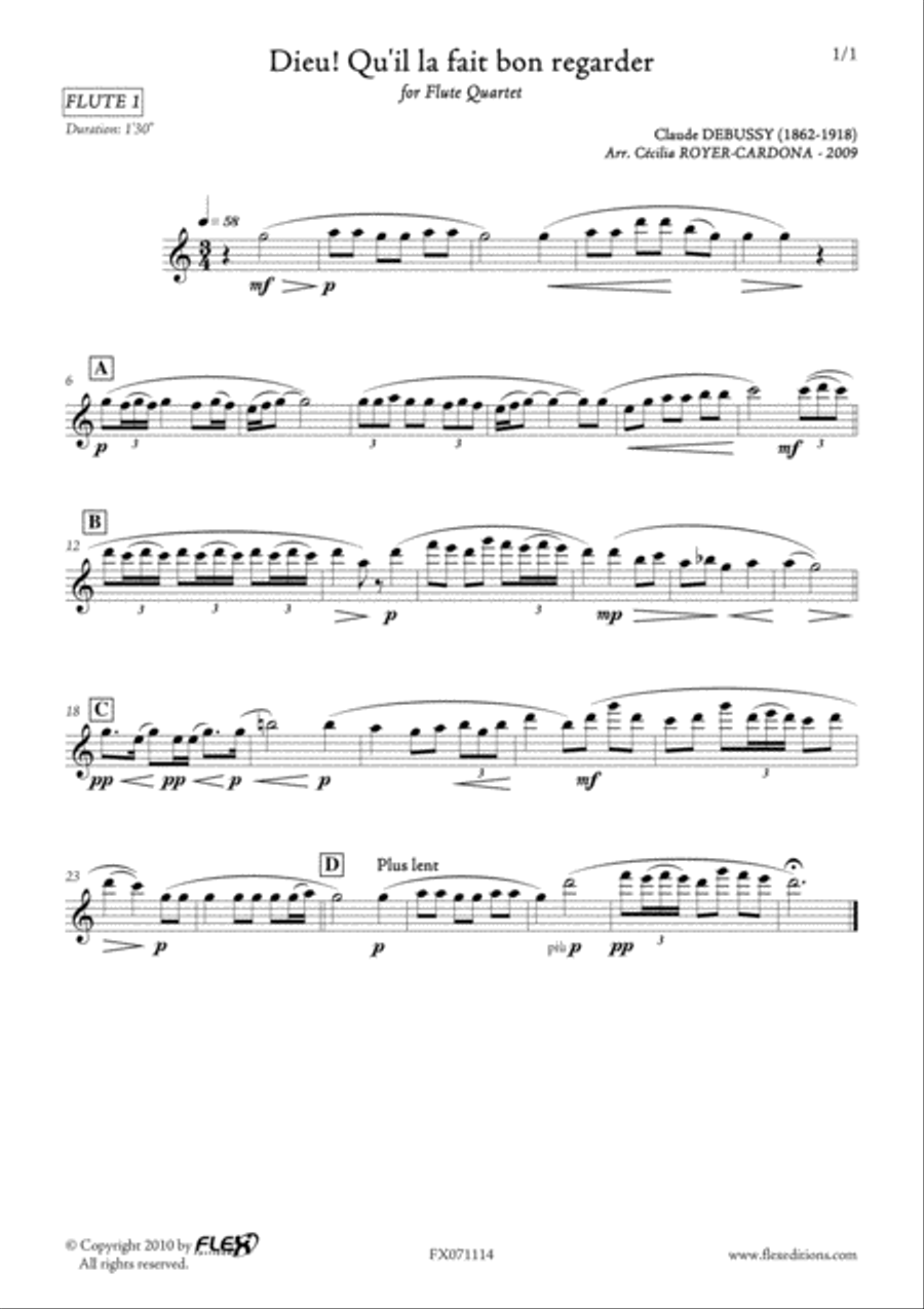 Dieu! Qu'il la fait bon regarder Flute Quartet scores gallery preview page 4