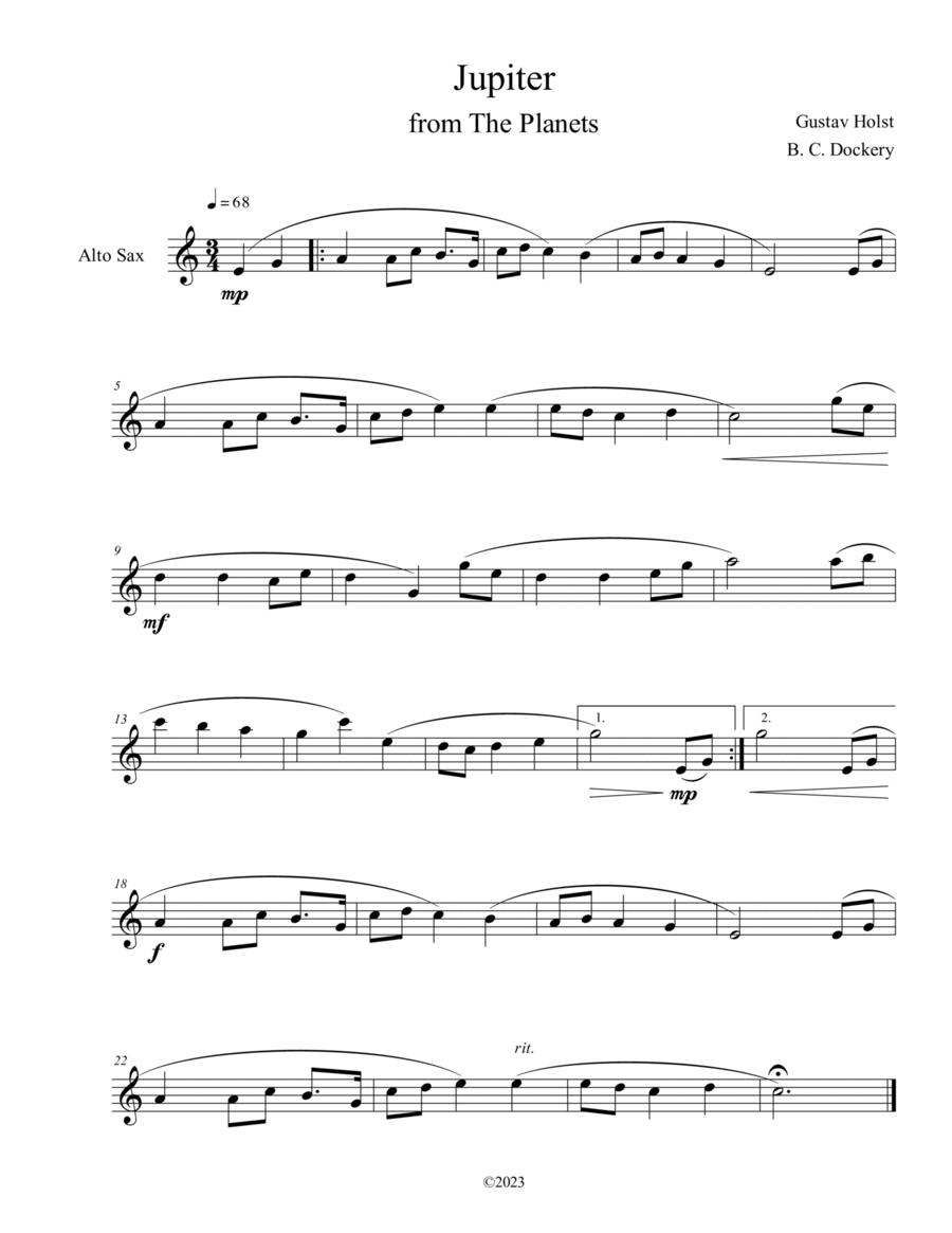 Jupiter from The Planets for Alto Sax Solo