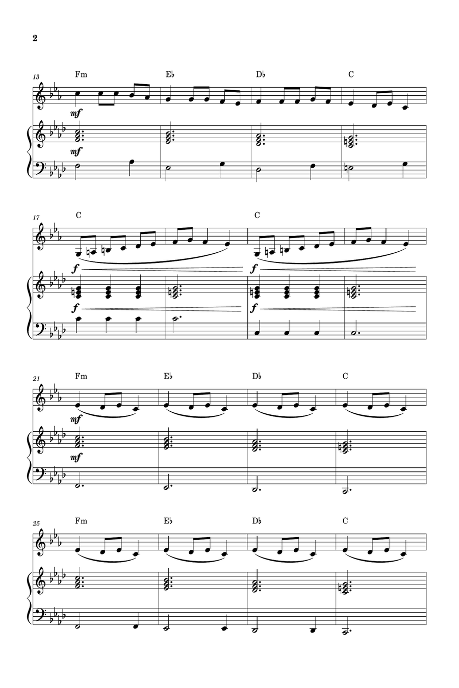 Carol of the Bells for French Horn and Piano (Very Easy - Beginner) in F minor - With Chords Piano scores gallery preview page 2