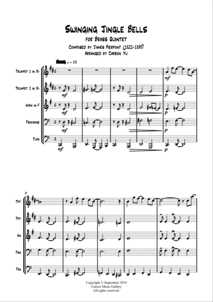 Swinging Jingle Bells - for Brass Quintet (arr. Carson Yu) Brass Quintet scores gallery preview page 4