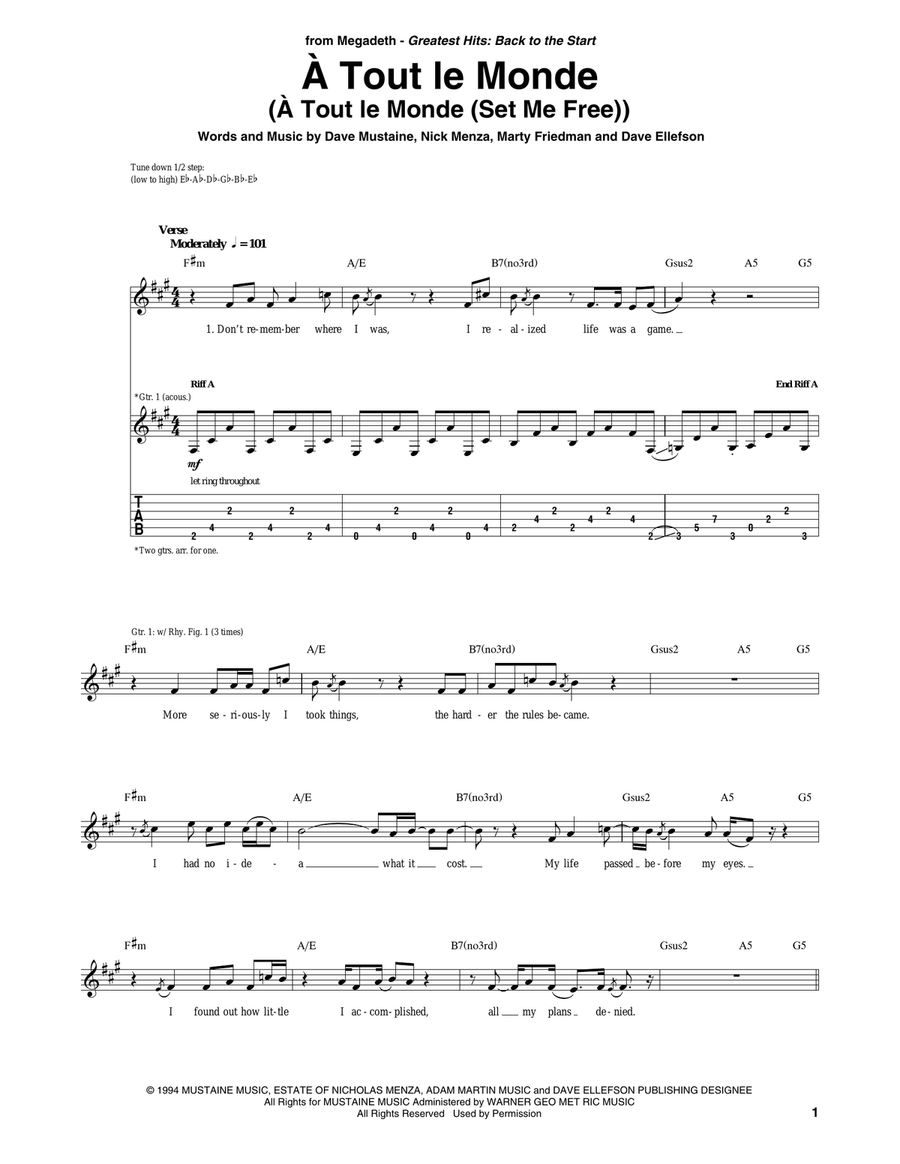 A Tout Le Monde (A Tout Le Monde (Set Me Free)) Acoustic Guitar scores gallery preview page 1