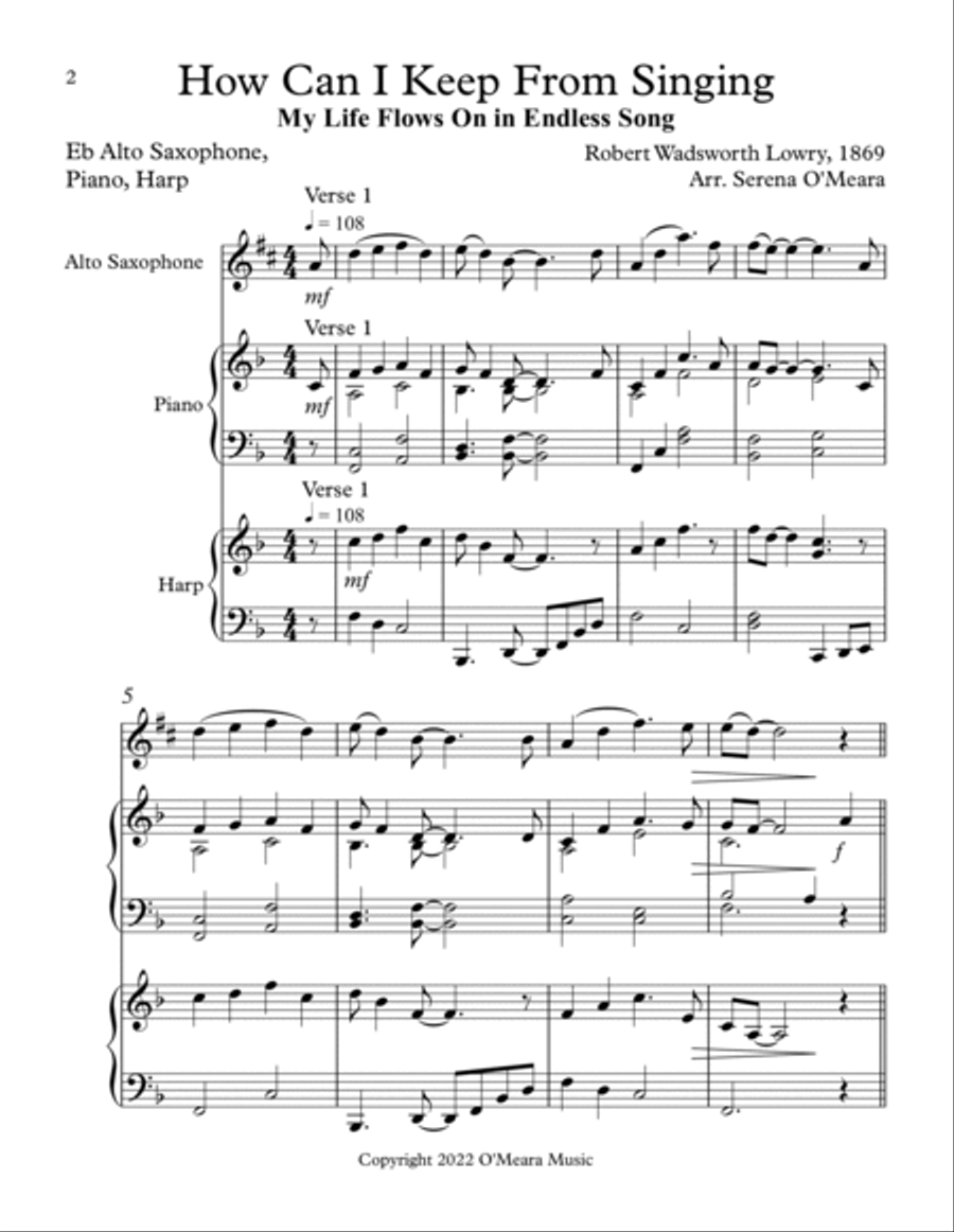 How Can I Keep From Singing, Trio for Eb Alto Saxophone, Piano & Harp Alto Saxophone scores gallery preview page 2