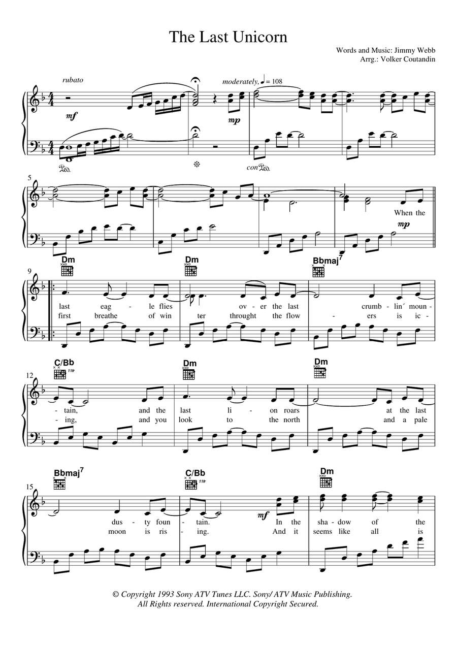 The Last Unicorn (main Theme) Piano, Vocal, Guitar scores gallery preview page 1