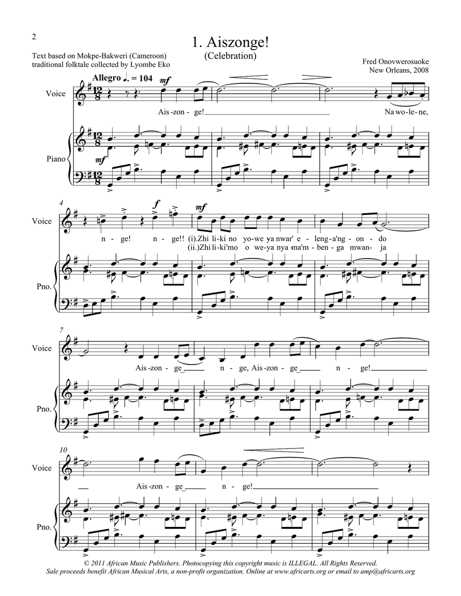 Twelve African Songs for Solo Voice and Piano - 1. AISZONGE (Celebration) Twelve African Songs for Solo Voice and Piano - 1. AISZONGE (Celebration) Voice Solo scores gallery preview page 1