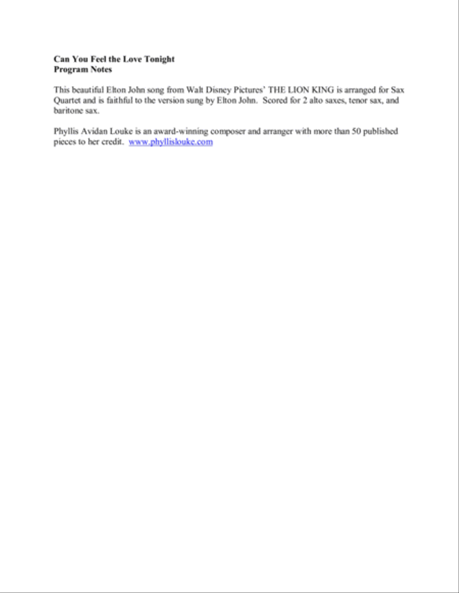 Can You Feel The Love Tonight Saxophone Quartet scores gallery preview page 2