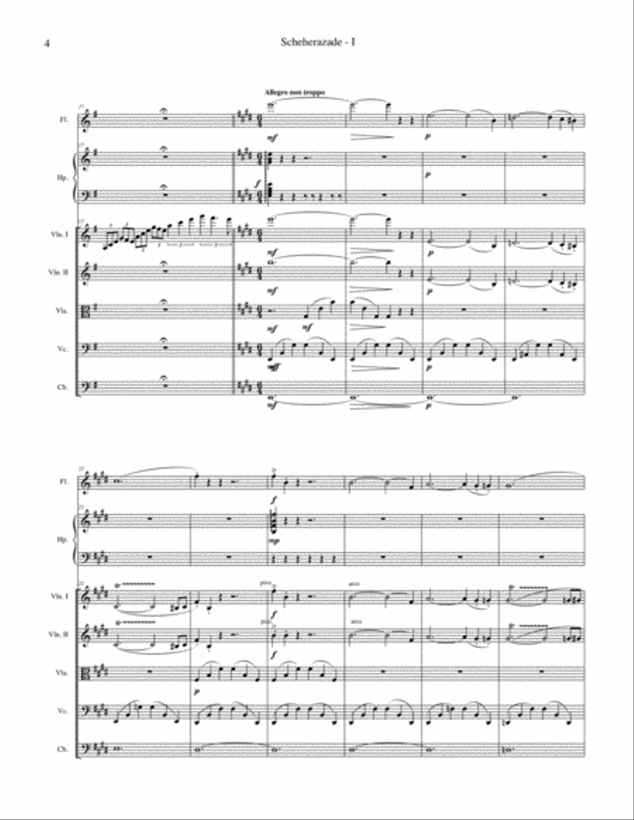 Scheherazade arranged for flute, harp and string quintet, full score Large Ensemble scores gallery preview page 4