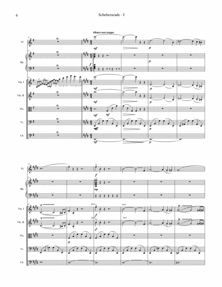 Scheherazade arranged for flute, harp and string quintet, full score