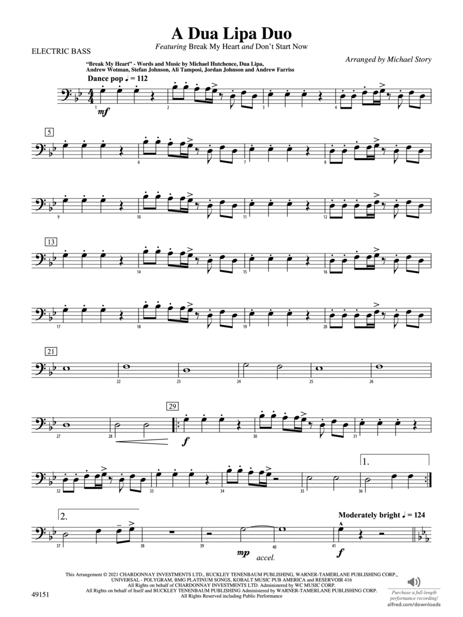 A Dua Lipa Duo: Electric Bass Concert Band scores gallery preview page 1
