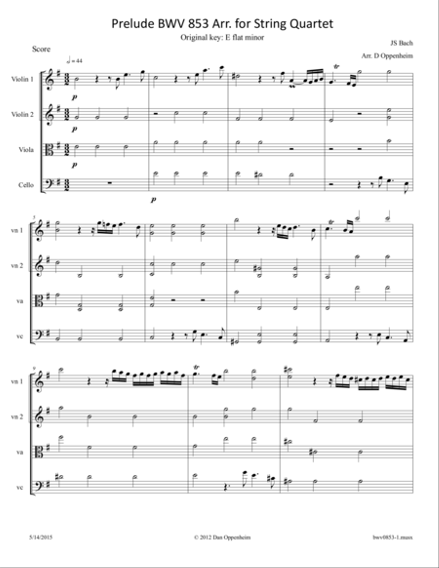 Bach: Prelude BWV 853 arr. for String Quartet String Quartet scores gallery preview page 1