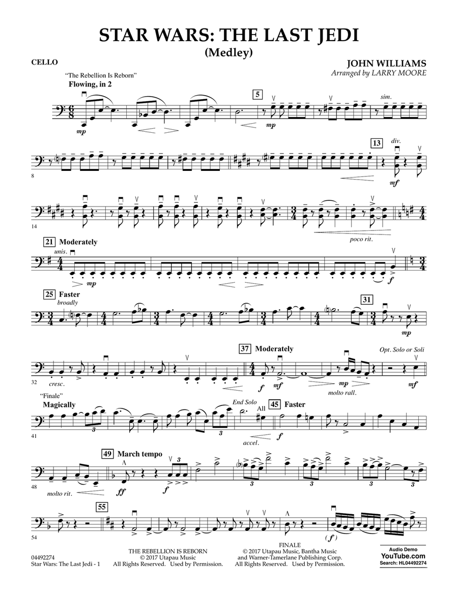 Star Wars: The Last Jedi (Medley) (Arr. Larry Moore) - Cello Orchestra scores gallery preview page 1