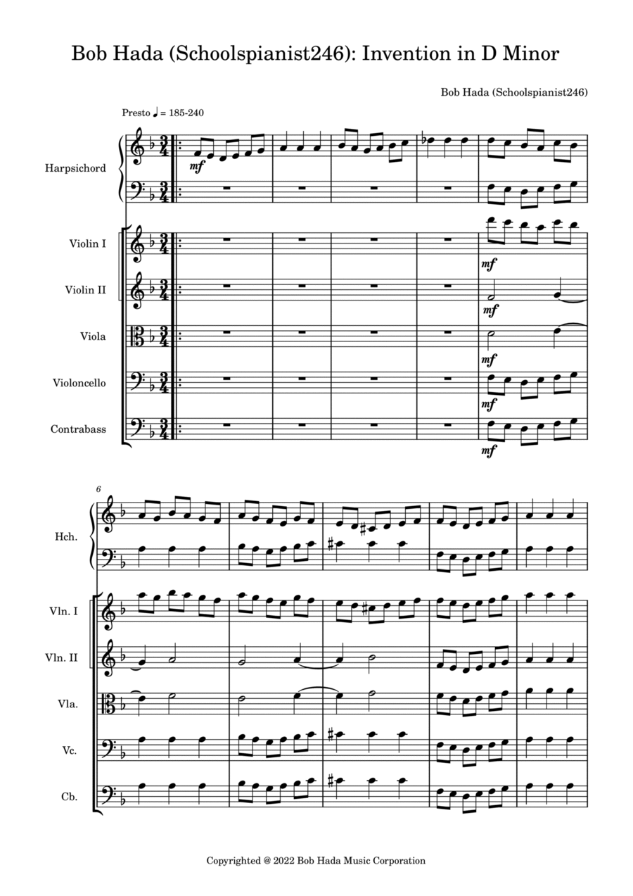 Bob Hada (Schoolspianist246): Invention in D Minor String Orchestra scores gallery preview page 1