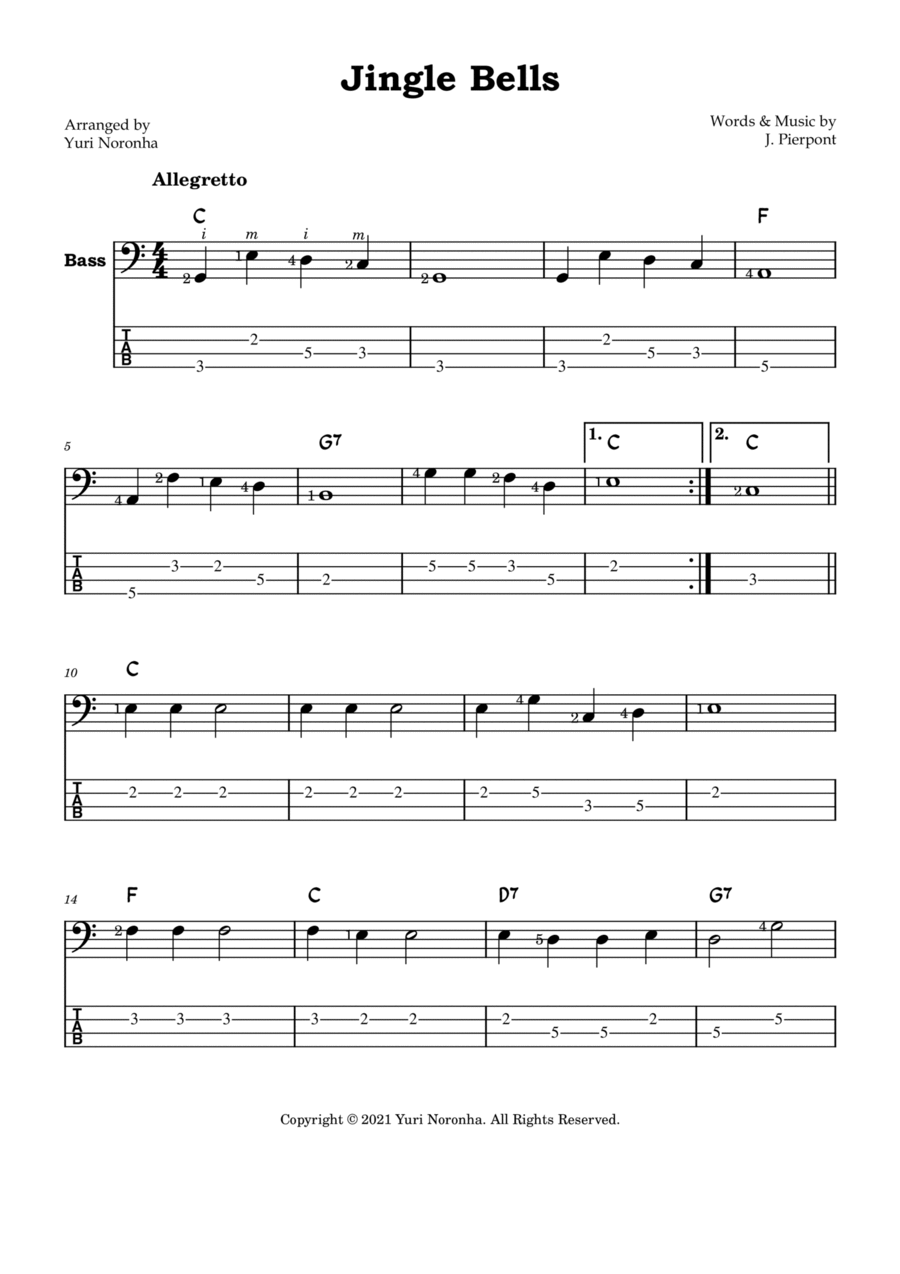 Jingle Bells - Melody for Bass in C (with TAB) Bass Guitar scores gallery preview page 1