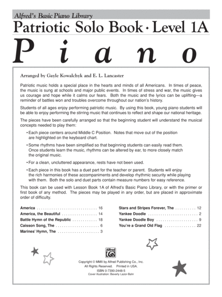 Alfred's Basic Piano Course Patriotic Solo Book, Level 1A