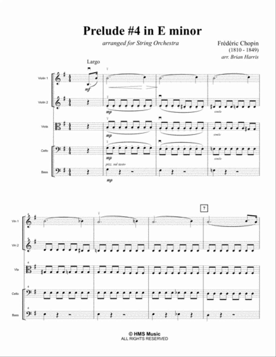 PRELUDE #4 IN E MINOR - Frederic Chopin - arranged for string orchestra (score, parts, and license) String Orchestra scores gallery preview page 1