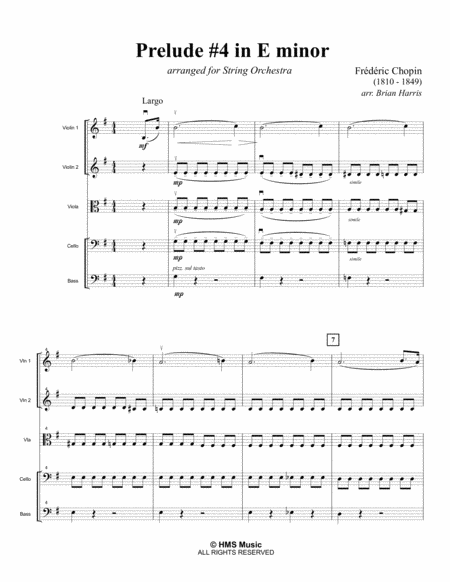 PRELUDE #4 IN E MINOR - Frederic Chopin - arranged for string orchestra (score, parts, and license) image number null