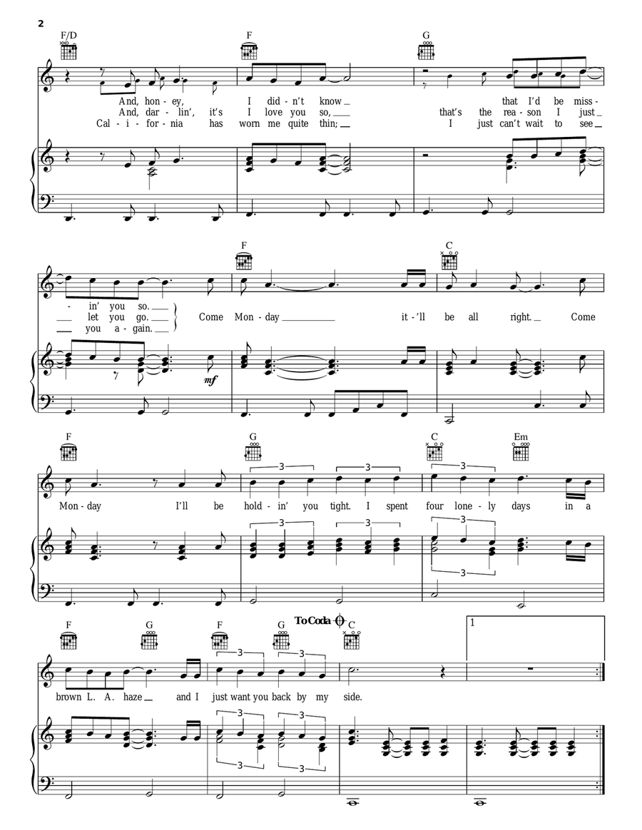 Come Monday Come Monday Piano, Vocal, Guitar scores gallery preview page 2