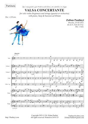 Valsa concertante, for solo violin (beginner) and strings (quartet/orch) with piano ad libitum