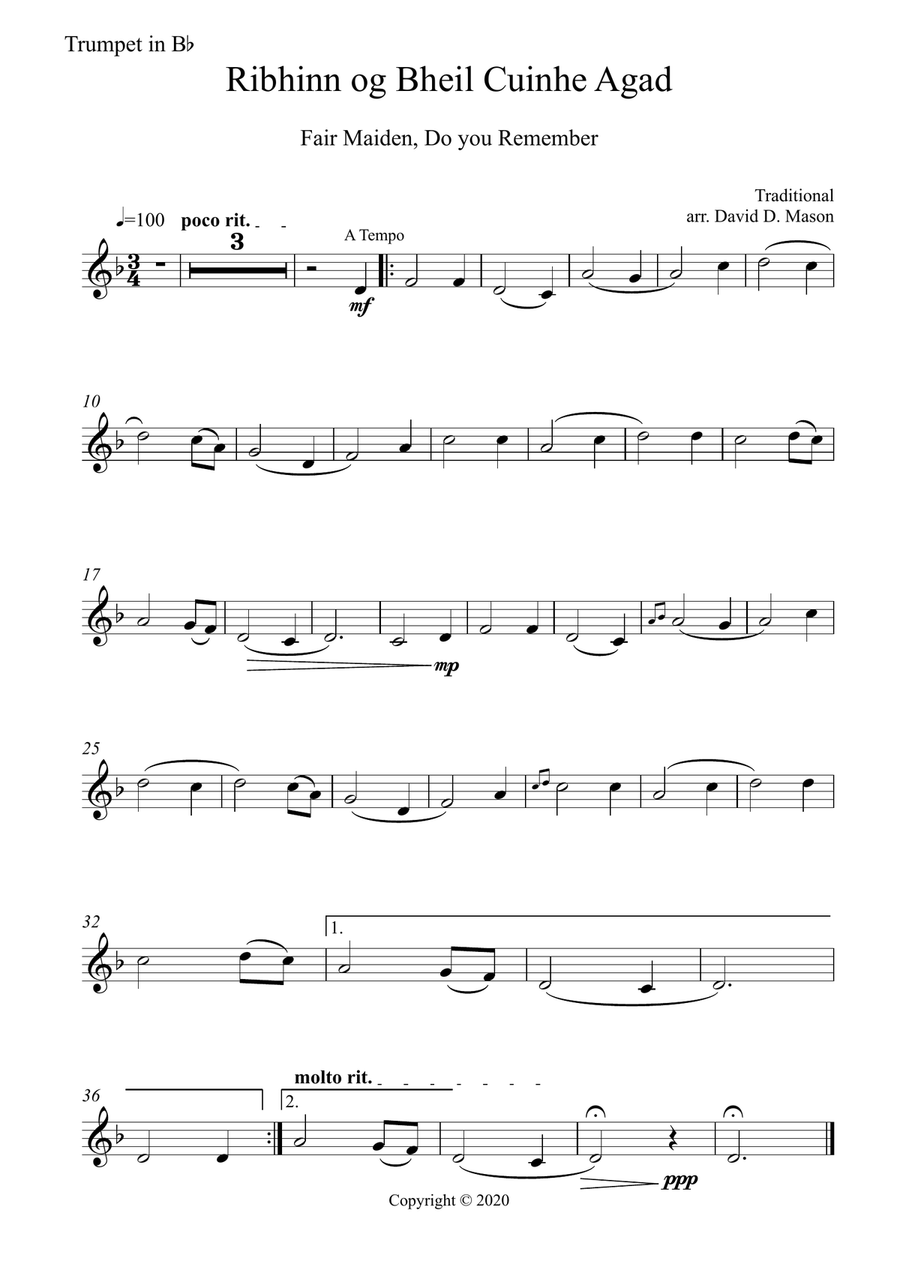 Ribhinn og Bheil Cuinhe Agad (Fair Maiden, do you remember) Trumpet Solo scores gallery preview page 1