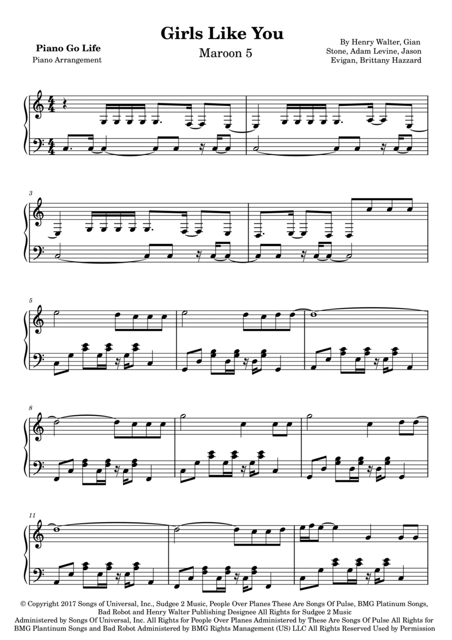 Girls Like You Piano Solo scores gallery preview page 1