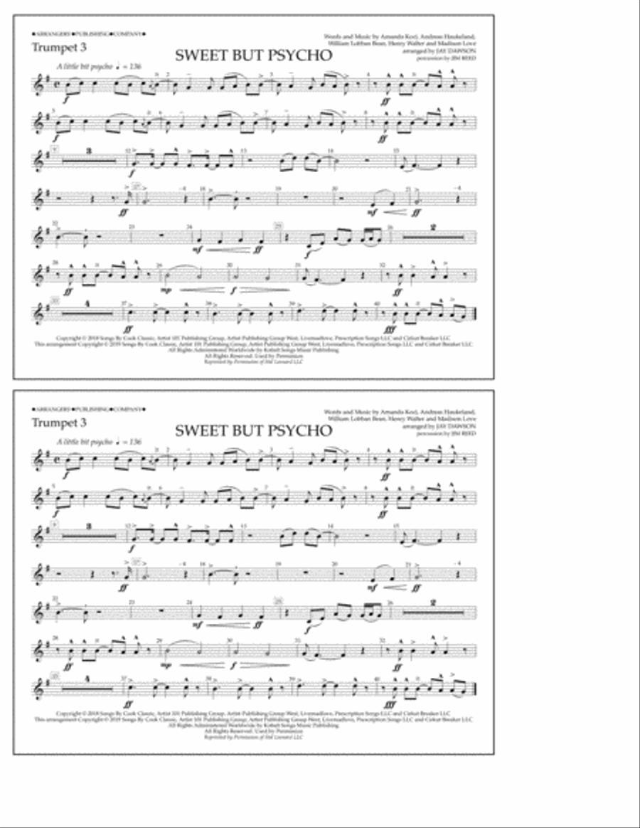 Sweet But Psycho (arr. Jay Dawson) - Trumpet 3 Marching Band scores gallery preview page 1