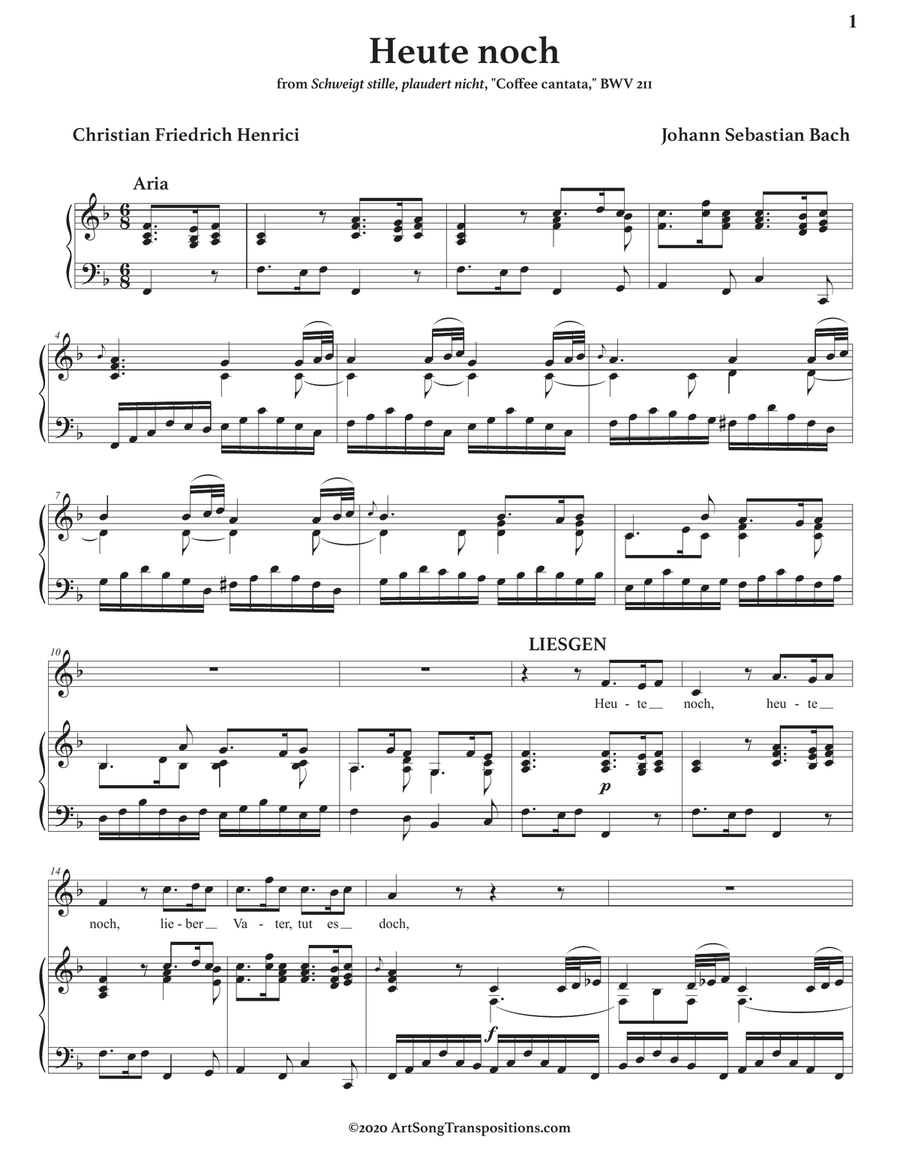 BACH: Heute noch, BWV 211 (transposed to F major) Voice scores gallery preview page 2