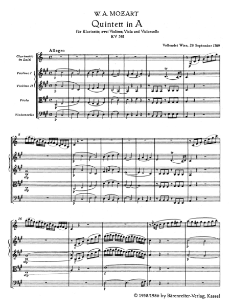 Quintet for Clarinet, two Violins, Viola and Violoncello in A major K. 581 "Stadler Quintet"