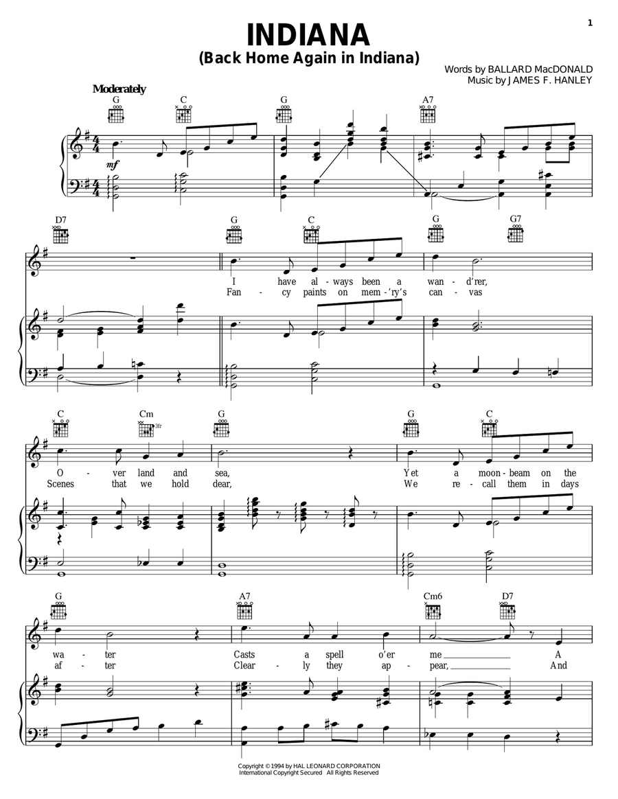 Indiana (Back Home Again In Indiana) Piano, Vocal, Guitar scores gallery preview page 1