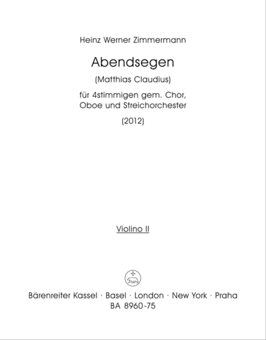 Abendsegen for Four-Part Mixed Choir, Oboe and String Orchestra (2012) 4-Part scores gallery preview page 1