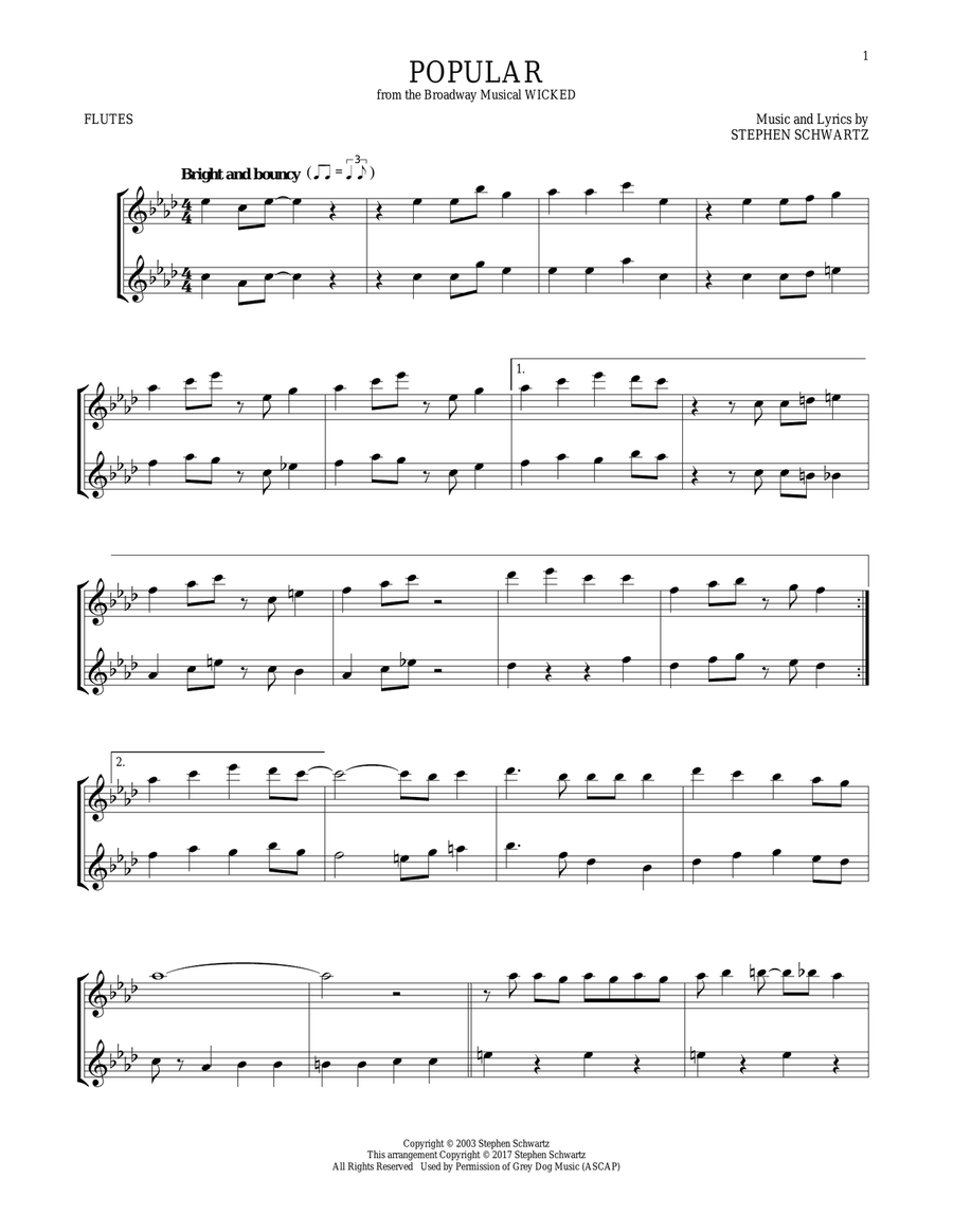 Popular (from Wicked) Popular (from Wicked) Flute Duet scores gallery preview page 1