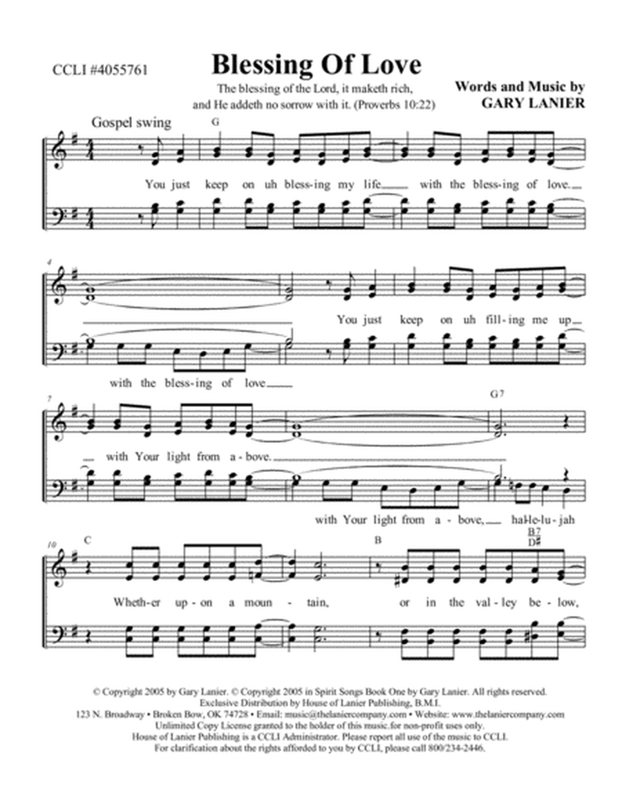 BLESSING OF LOVE, Worship Hymn Sheet (Includes Melody, Lyrics, 4 Part Harmony & Chords) image number null