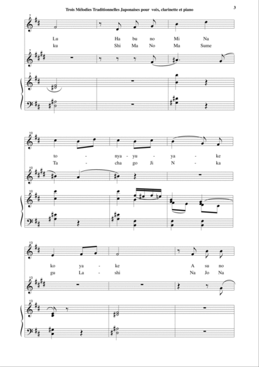 Jean-Thierry Boisseau: Trois Mélodies Japonaises for medium voice, Bb clarinet and piano Small Ensemble scores gallery preview page 3