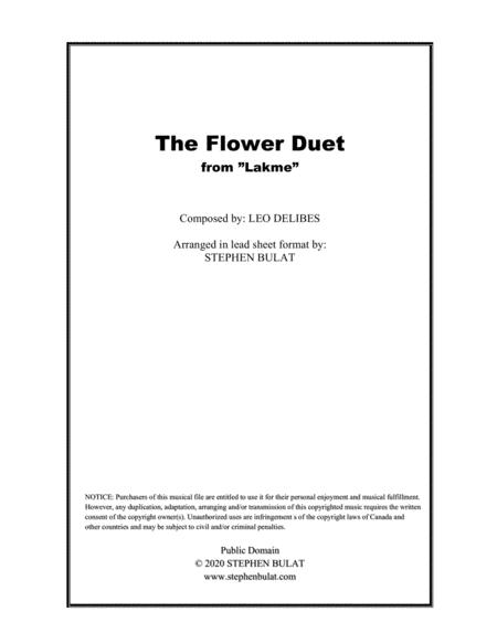 The Flower Duet (from "Lakme") - lead sheet for treble clef duo (key of B)
