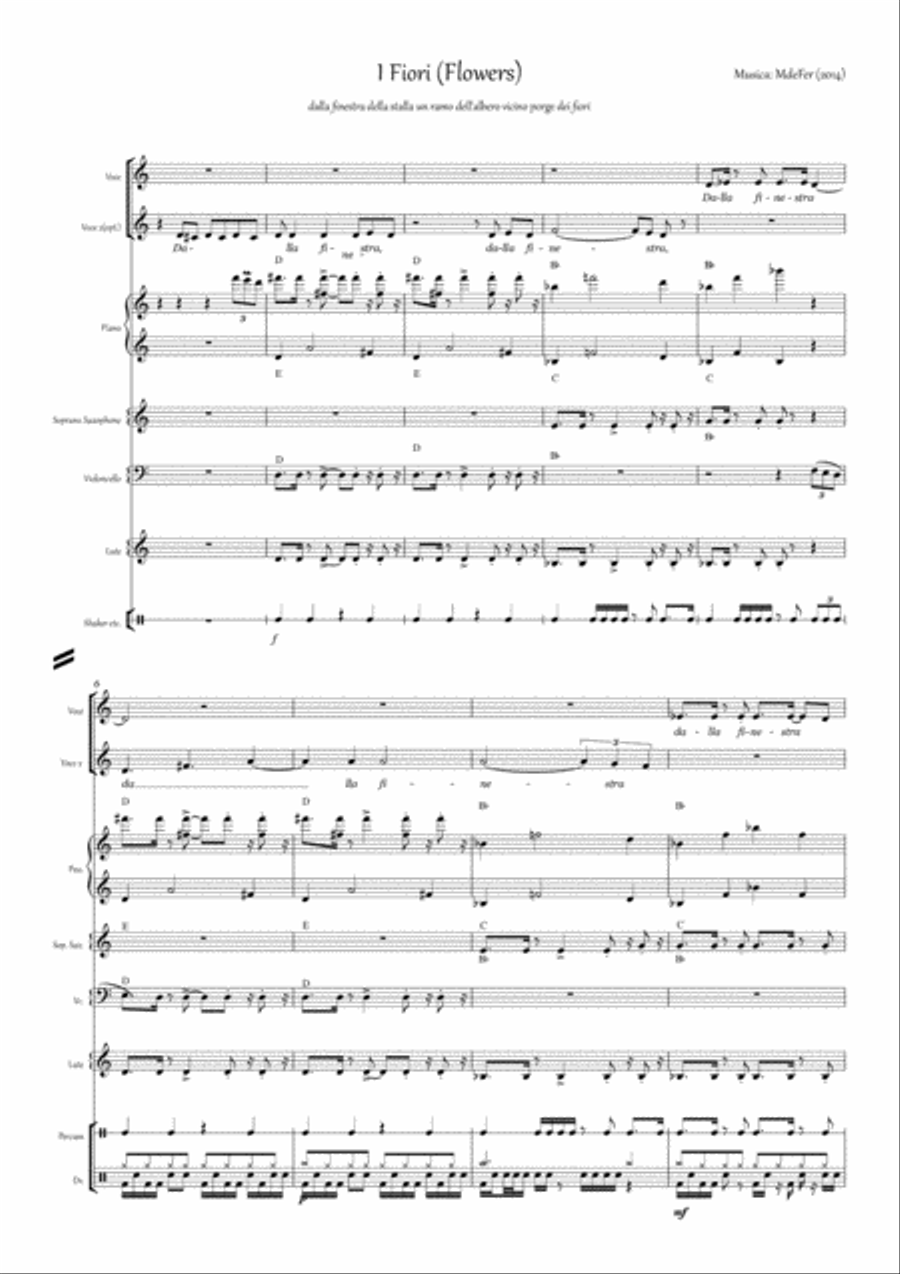 I Fiori (Flowers) -for Voice, Lute, Sop. Sax, Cello, Piano and Percussions Piano, Vocal, Guitar scores gallery preview page 2
