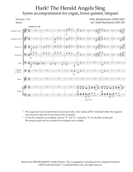 Hark! The Herald Angels Sing — festival hymn accompaniment for organ, brass quintet, timpani image number null