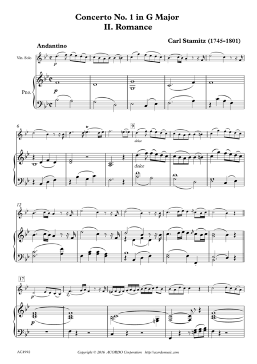 Romance from Concerto No.1 in G Major for Violin & Piano Violin Solo scores gallery preview page 1
