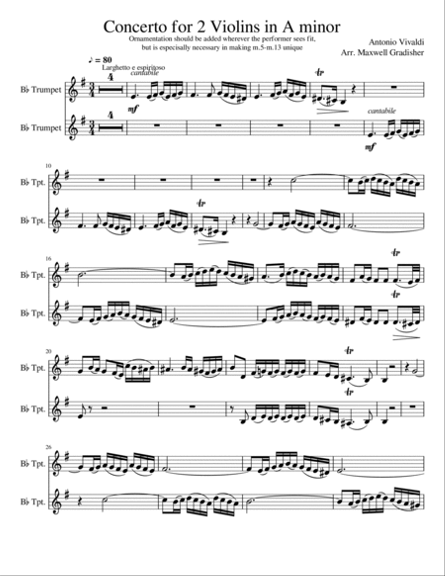 Concerto for Two Violins in A Minor Trumpet Duet scores gallery preview page 5