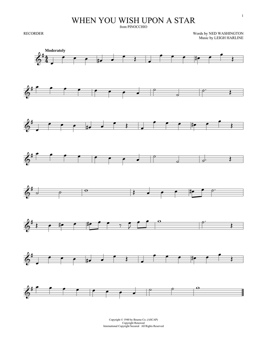 When You Wish Upon A Star (from Pinocchio) Recorder scores gallery preview page 1