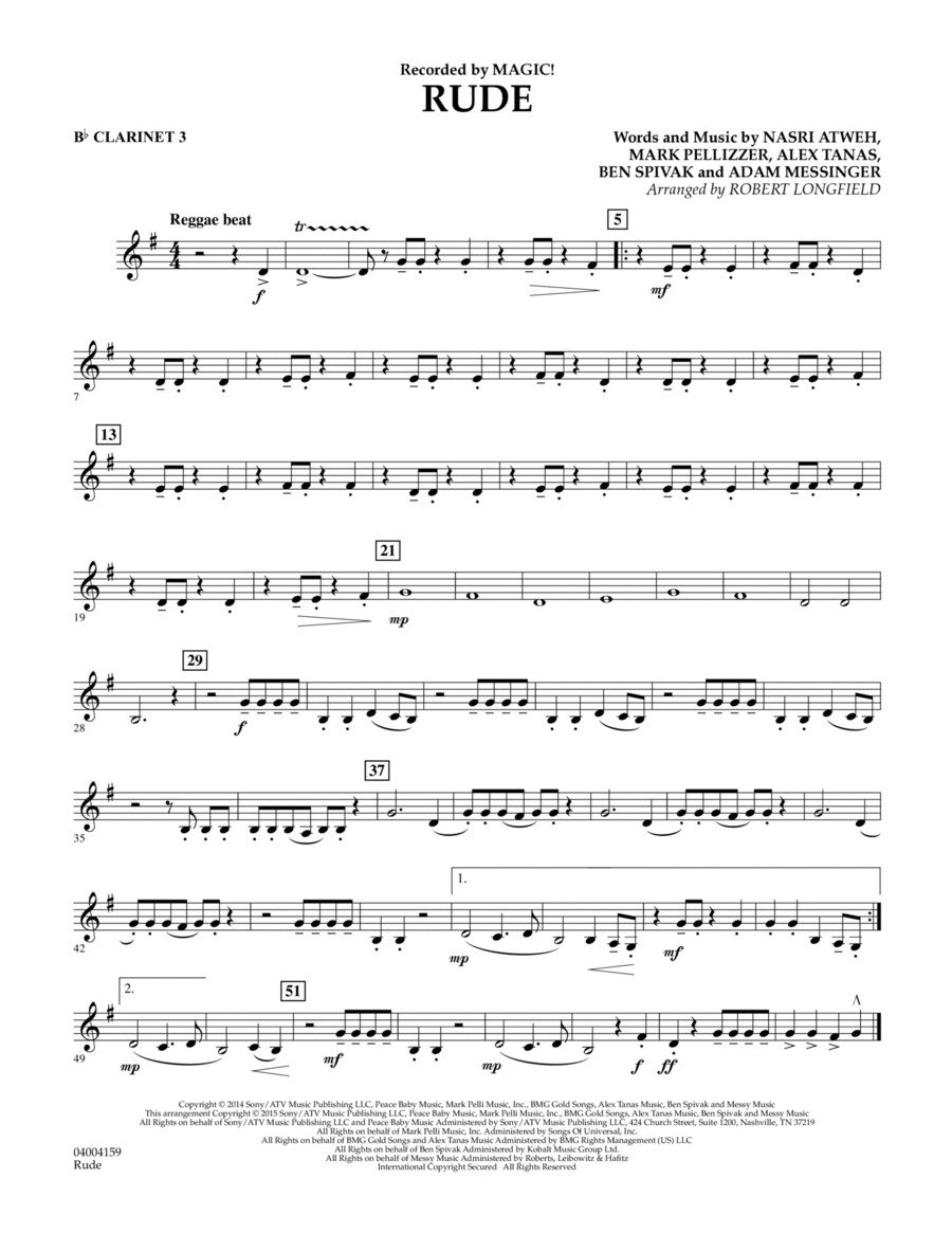 Rude - Bb Clarinet 3 Concert Band scores gallery preview page 1