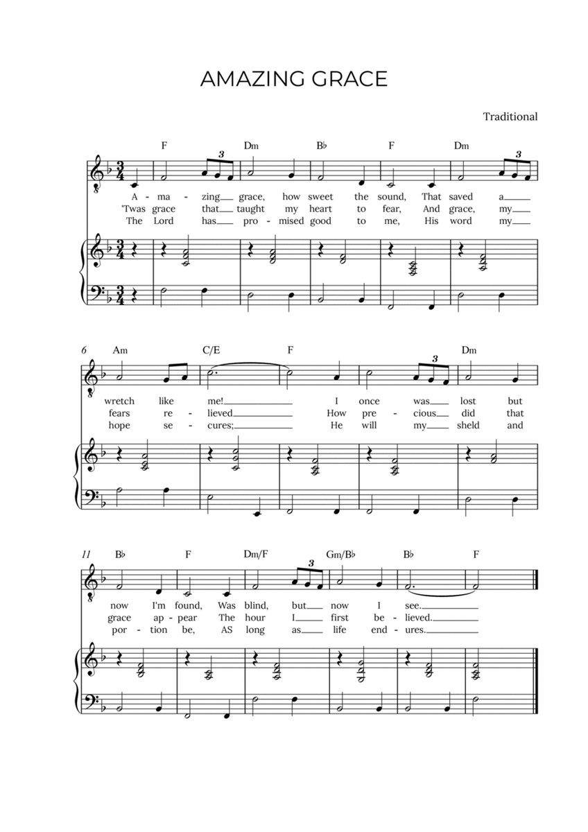 AMAZING GRACE - for piano and tenor in F major with chords image number null